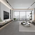 Modern Living Room Interior With TV Wall Floor to Ceiling Windows Sofa And Plants