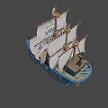 Detailed Wooden Ship Model With Blue Hull White Sails Marine Lettering And Cannon Ports