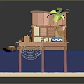 Wooden Waterfront House with Blue Door Palm Tree Platform and Small Boat