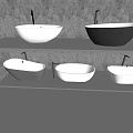 Different Colored Bathtubs On Multiple Shelves With Faucets Against Gray Wall Background