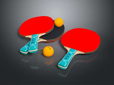 Red Table Tennis Rackets With Blue Handles And Yellow Balls On Dark Surface 3d model