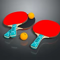 Red Table Tennis Rackets With Blue Handles And Yellow Balls On Dark Surface