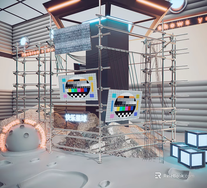 Creative Window Display with Scaffolding Structure TV Screens Neon Lights Rocks and Geometric Blocks 3d model 