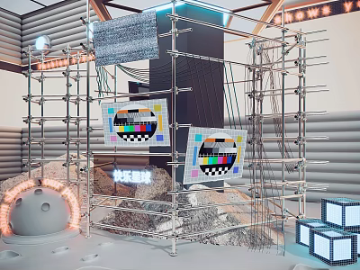 Creative Window Display with Scaffolding Structure TV Screens Neon Lights Rocks and Geometric Blocks 3d model