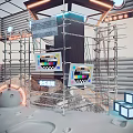 Creative Window Display with Scaffolding Structure TV Screens Neon Lights Rocks and Geometric Blocks