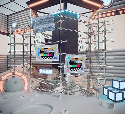 Creative Window Display with Scaffolding Structure TV Screens Neon Lights Rocks and Geometric Blocks 3d model