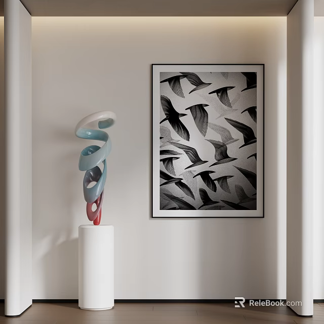 Modern Sculpture Displayed On White Pedestal With Black And White Bird Print Painting In Interior 3d model 
