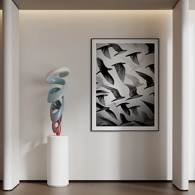 Modern Sculpture Displayed On White Pedestal With Black And White Bird Print Painting In Interior 3d model