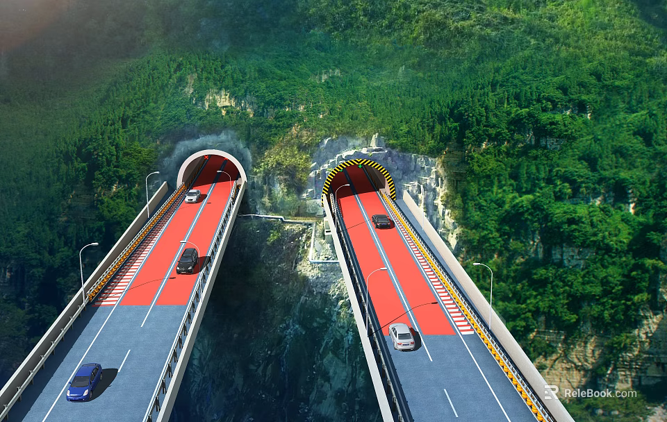 Elevated Road Facilities With Twin Tunnels And Green Mountain Views Featuring Vehicles Driving 3d model 