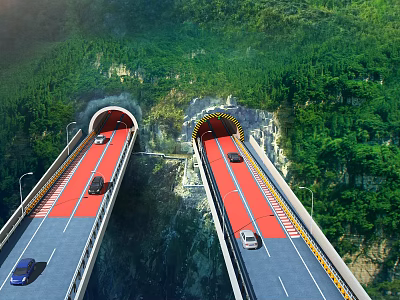 Elevated Road Facilities With Twin Tunnels And Green Mountain Views Featuring Vehicles Driving 3d model