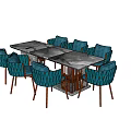 Modern Dining Table Set With Marble Tabletop And Blue Woven Metal Leg Chairs