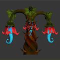 Unique Fantasy Plant with Twisted Trunk Spiked Red Flowers Green Leaves and Blue Curled Tips