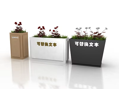 Stylish Garden Planters In Brown White Black With Red White Flowers And Replaceable Text 3d model