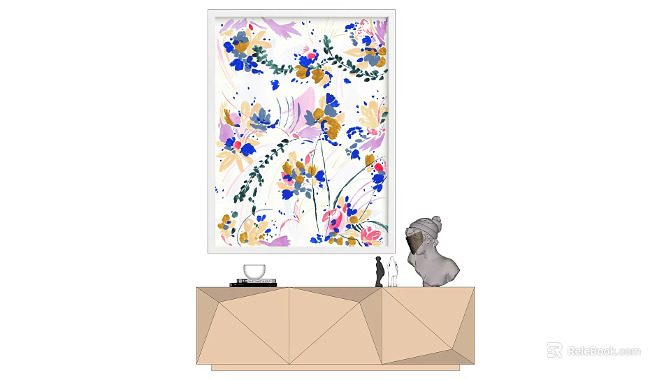 Colorful Floral Painting Above Geometric Beige Cabinet With Decor Items And Sculpture 3d model 