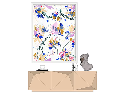 Colorful Floral Painting Above Geometric Beige Cabinet With Decor Items And Sculpture 3d model