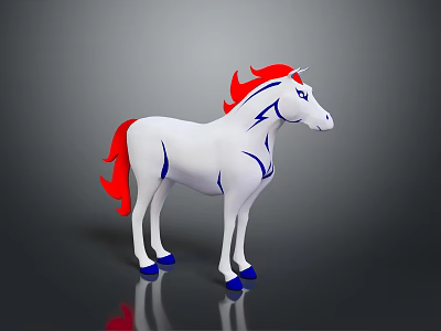 White Horse 3D Model With Red Mane Tail And Blue Decorative Lines Hooves 3d model