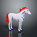 White Horse 3D Model With Red Mane Tail And Blue Decorative Lines Hooves