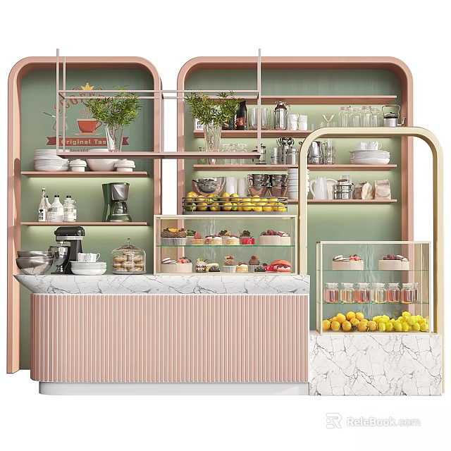 Commercial Kitchen Equipment With Display Cabinets Coffee Machine And Pastry Shelves 3d model 