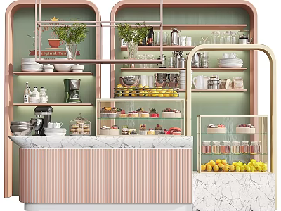 Commercial Kitchen Equipment With Display Cabinets Coffee Machine And Pastry Shelves 3d model
