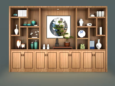 Wooden Decorative Cabinet With Open Shelves Showcasing Vases Plates Books Potted Plant And Decorative Painting 3d model