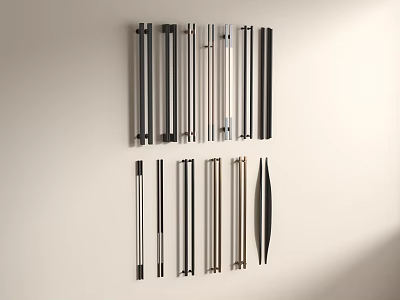 Modern Metal Cabinet Handles With Black Silver Finishes Arranged On Wall In Various Styles 3d model