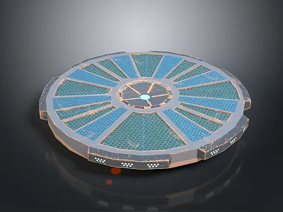 Futuristic Landscape Featuring Circular Platform With Blue Green Panels And Reflective Surface 3d model