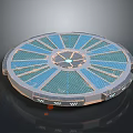 Futuristic Landscape Featuring Circular Platform With Blue Green Panels And Reflective Surface