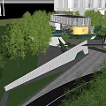 Modern Sales Office Building With Green Lawn Water Features Trees And Parking Area