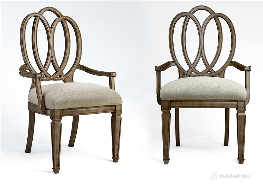 Two Traditional Wooden Armchairs With Unique Back Design And Light Colored Cushions 3d model 