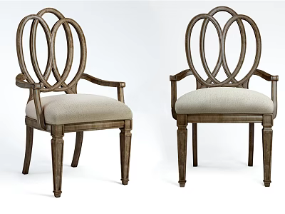 Two Traditional Wooden Armchairs With Unique Back Design And Light Colored Cushions 3d model