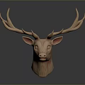 Wooden Deer Head Sculpture With Large Antlers And Modern Minimalist Design