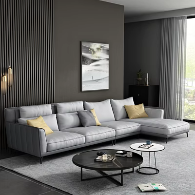 Modern Gray L Shaped Sofa With Yellow Throw Pillows And Black Round Coffee Table Set 3d model