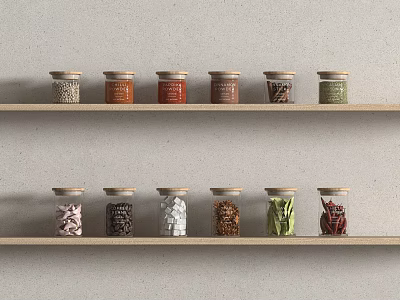 Colorful Spice Jars With Various Spices On Wooden Shelves Against Light Gray Wall 3d model
