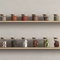 Colorful Spice Jars With Various Spices On Wooden Shelves Against Light Gray Wall