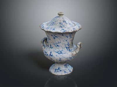 Traditional Blue And White Porcelain Lidded Vase With Ornate Handles And Crackle Pattern 3d model