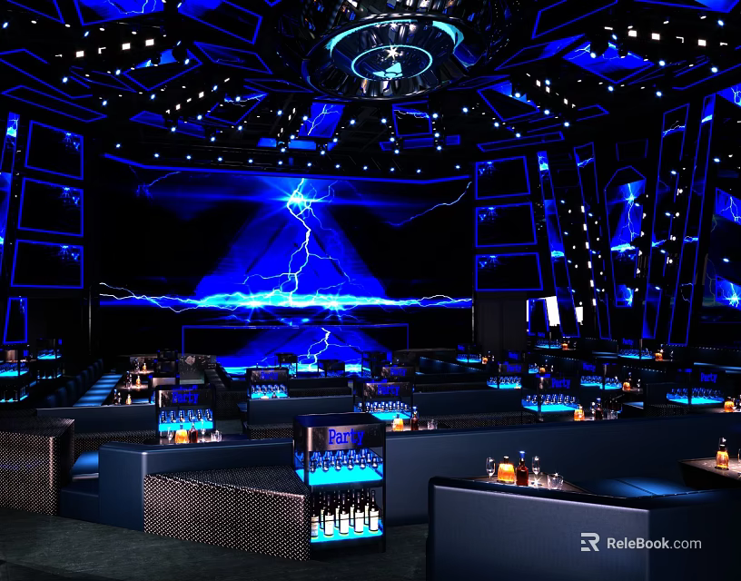 Modern Bar Interior With Blue Lighting Stage Leather Sofa Seats And Bar Counter 3d model 