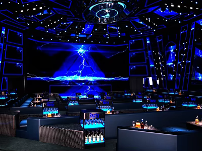 Modern Bar Interior With Blue Lighting Stage Leather Sofa Seats And Bar Counter 3d model