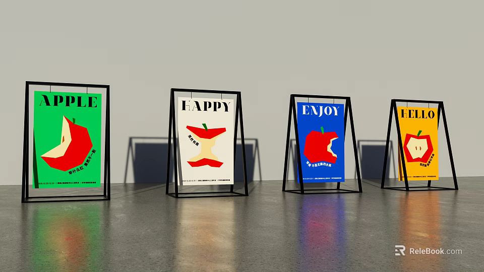 Directional Signage With Four Colorful Display Signs Featuring Apple Graphics And Text 3d model 