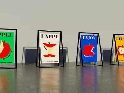 Directional Signage With Four Colorful Display Signs Featuring Apple Graphics And Text 3d model