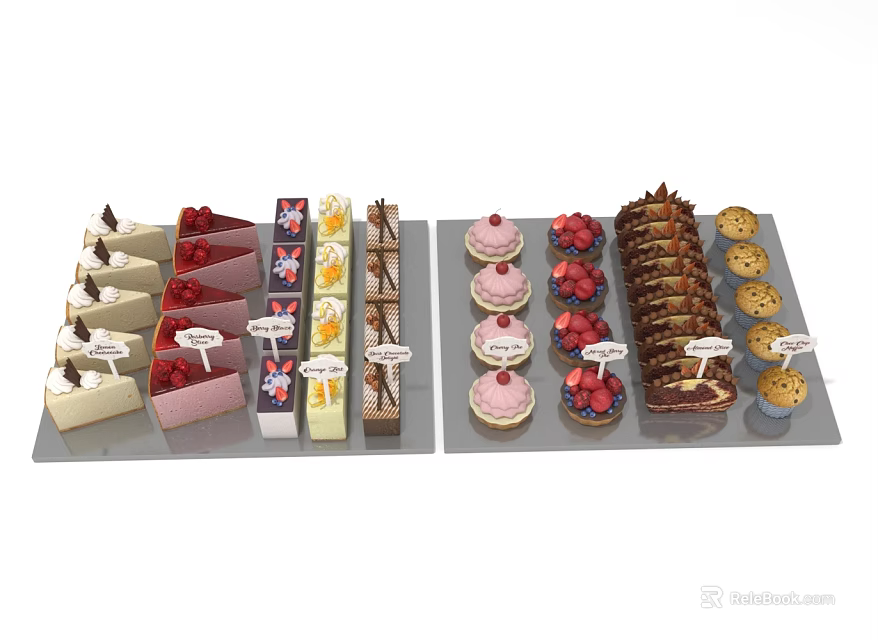 Colorful Assorted Desserts Displayed on Platters with Different Flavors and Name Tags 3d model 