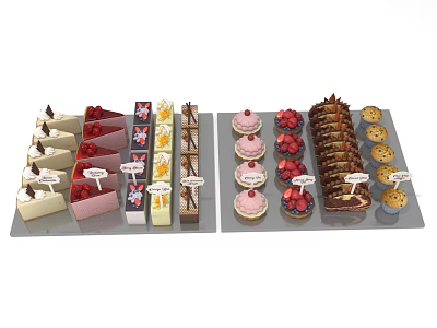 Colorful Assorted Desserts Displayed on Platters with Different Flavors and Name Tags 3d model