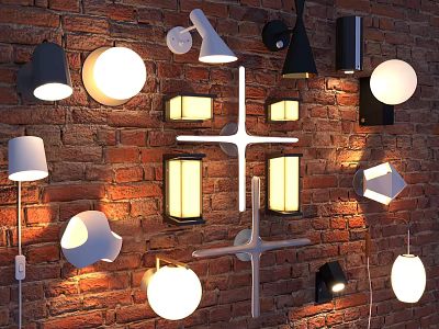 Various Stylish Wall Lamps With Diverse Designs Mounted On Red Brick Wall And Illuminated Features 3d model