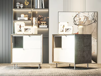 Modern Two Tone Nightstands With Metal Legs And Decorative Photo Frames Vases 3d model