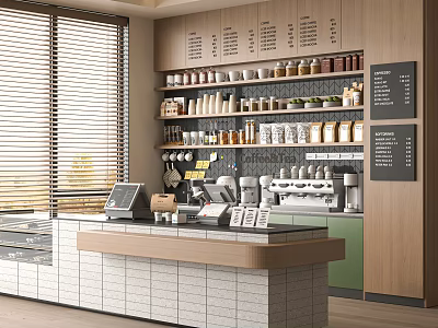 Modern Café Interior With Counter Coffee Machine And Shelves Of Coffee Cups Jars 3d model