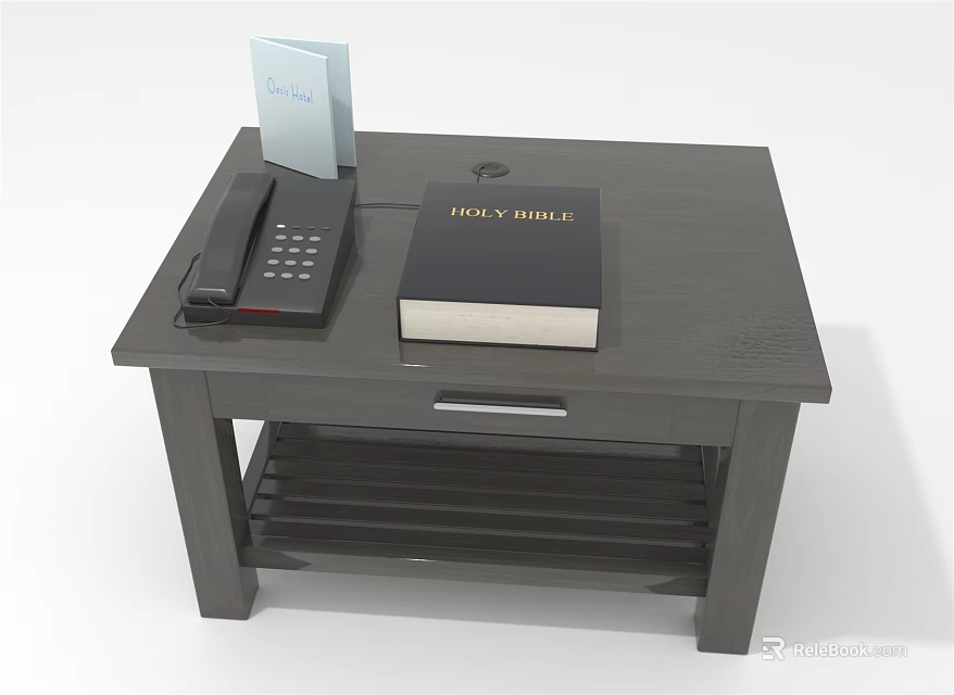 Dark Wood Bedside Table With Holy Bible Telephone Blue White Card Drawer And Lower Shelf 3d model 