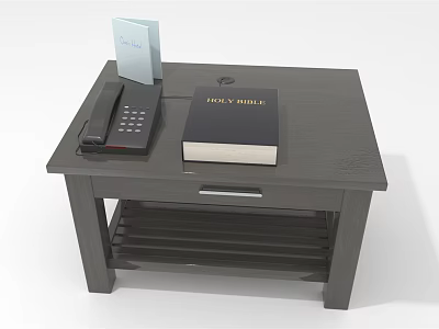 Dark Wood Bedside Table With Holy Bible Telephone Blue White Card Drawer And Lower Shelf 3d model