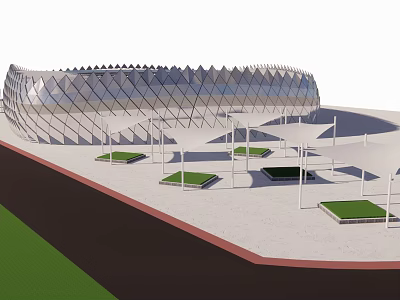 Modern Architectural Structure With Lattice Roof Design Green Lawns And White Canopies 3d model