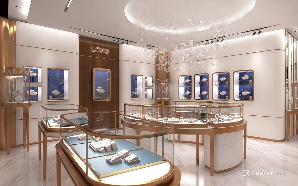 Luxury Modern Jewelry Store Interior With Glass Display Cases Chandelier And Framed Wall Displays 3d model 