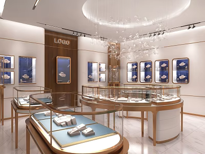 Luxury Modern Jewelry Store Interior With Glass Display Cases Chandelier And Framed Wall Displays 3d model