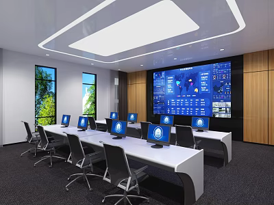 Modern Monitoring Room Interior With Large Surveillance Screen And Multiple Computer Workstations 3d model